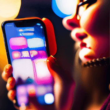 Mulher com um celular na mão visualizando um cartão de visita digital. Imagem criada por Inteligência artificial