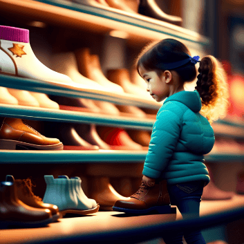 Uma menina de frente para uma prateleira de sapatos numa loja. Imagem criada por Inteligência artificial