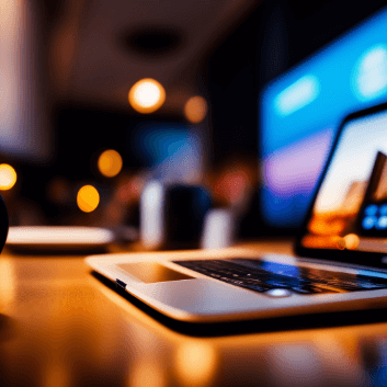 Um computador em cima de uma mesa de escritório. Imagem criada por Inteligência artificial